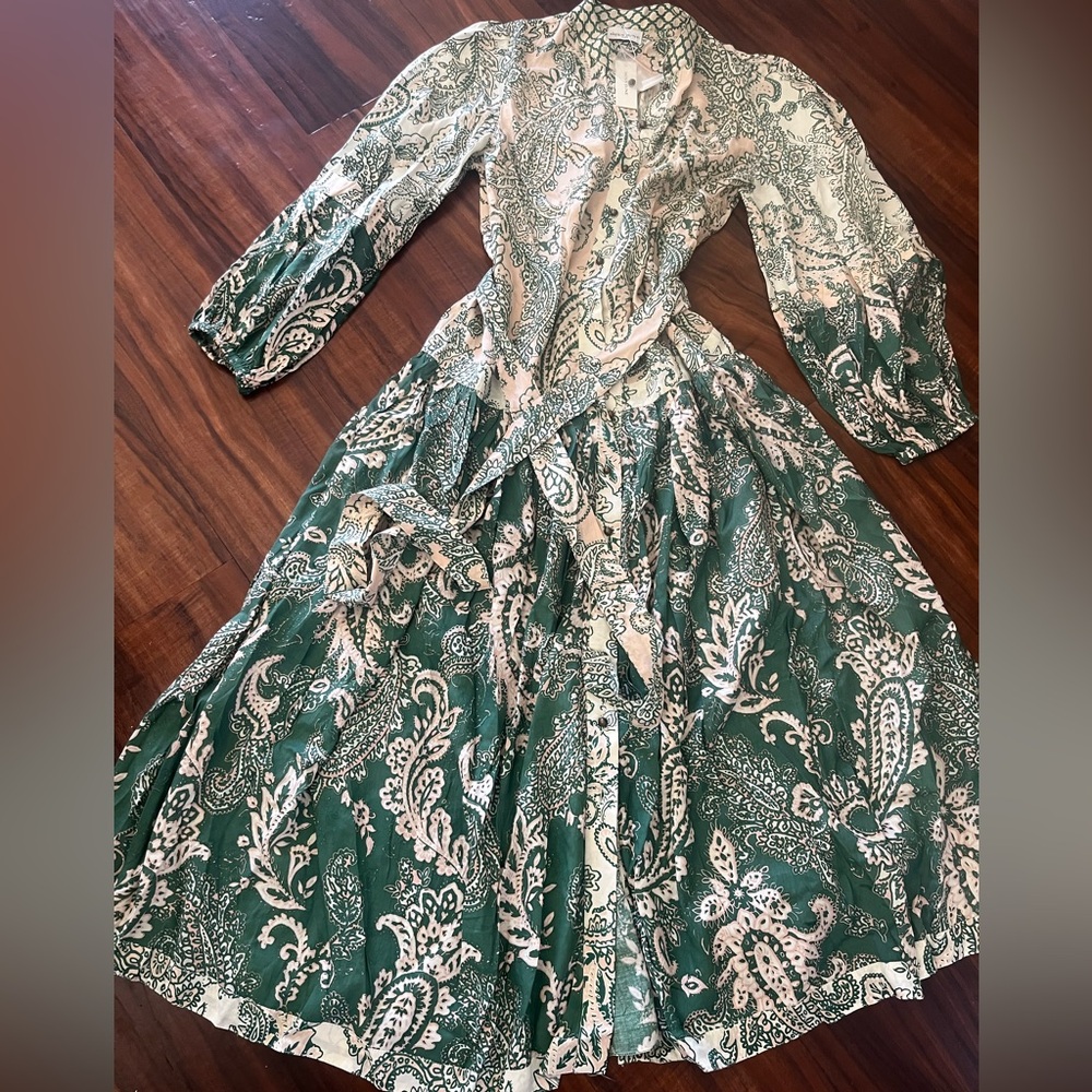 New Women's Green Paisley Maxi Dress with Long Sleeves one size
